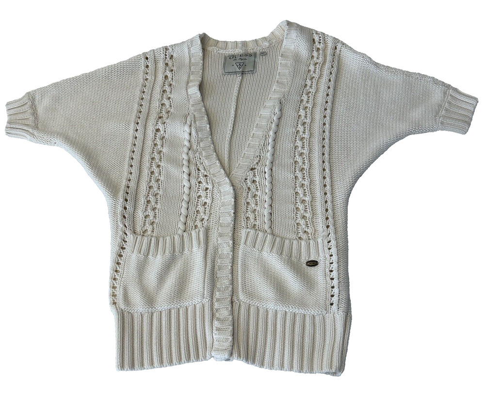 Guess Women's Knit Cardigan Short Sleeve Size XS Ivory Snap Front Cotton Pockets